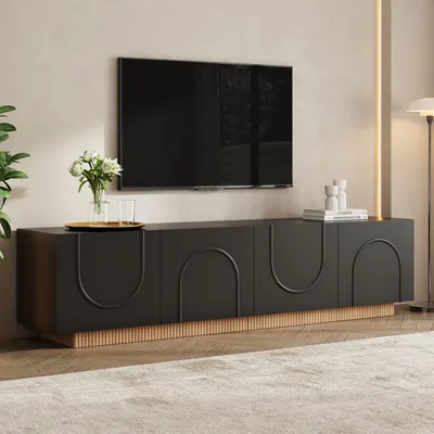 Produktbild von MODFU TV-Lowboard mit 4 Türen, Moderner TV-Schrank mit Bogenfront, Fernsehtisch TV-Regal mit Stauraum und Kabeldurchlässen, 170 x 38 x 42 cm,Schwarz