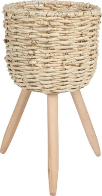 Produktbild von Übertopf NAGO Maisgeflecht mit Holzstandfuß Naturfarben, strapazierfähig, ideal für Zimmerpflanzen, Blumentopf mit Füßen