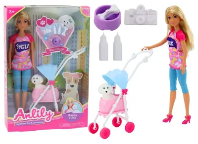 Zdjęcie produktu dla LEAN Toys 14802 Lalka Anlily z pieskiem w wózku i akcesoriami