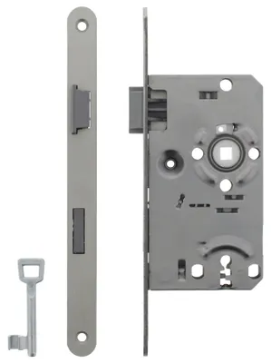 Produktbild von Innentürschloss mit Einsteckschloss, Dornmaß 55 mm, Riegel + Falle, Kunststoff, linksdrehend