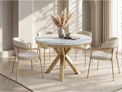 Produktbild von Runder Ausziehbarer Esstisch im Loft-Stil - Industrieller Tisch in Weißer Marmoroptik mit Goldenen Metallbeinen - Platzsparender Tisch für Wohnzimmer - Marmor Weiß - 100 bis 180 cm