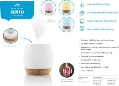 Immagine prodotto di ETA Diffusore di aromi Sento ETA263490000, serbatoio dell'acqua da 0,1 l, contenitore in vetro di alta qualità, tecnologia a ultrasuoni, durata di funzionamento 8 ore, per ambienti fino a 20 m2, serbatoio dell'acqua 100 ml