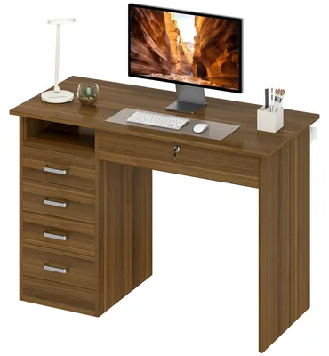 Produktbild von Computertisch mit 5 Schubladen, 110 x 50 cm, Schreibtisch mit Stauraum, offenes Fach, abschlie?bare Schublade, Walnuss