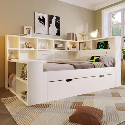 Produktbild von Merax Tagesbett Einzelbett 90x200 cm mit Ausziehbett, , Holzbett mit Stauraum an 3 Seiten, Jugendbett mit 3 USB-Anschlüsse & Typ-C, Daybett, Weiß