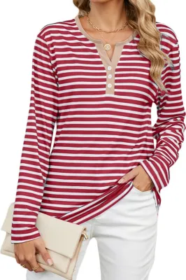 Produktbild von ASKSA Damen T-Shirt V Ausschnitt Knopf Gestreift Langarmshirts Basic Laessig Bluse Elegant Lose Oberteile (Rot,S)