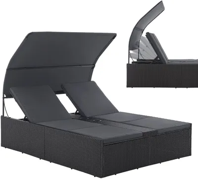 Produktbild von Juskys Polyrattan Doppelliege Syros - Outdoor Sonnenliege mit Dach & Auflagen - Schwarz