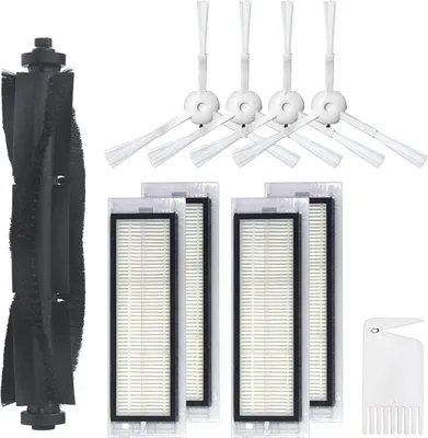 A collage of robot vacuum cleaner replacement parts including a roller brush, side brushes, HEPA filters, and a cleaning comb.