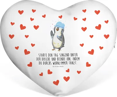 Produktbild von Mr. & Mrs. Panda Sofakissen Pinguin Duschen - Weiß - Geschenk, dekoartikel, Dekokissen, Herzkissen, Liebe Kissen, Duschkonzert, Neustart, Dusche, Tanzen, Singen