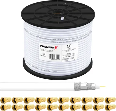 Produktbild von PremiumX 100m BASIC Koaxialkabel 135dB 4-fach SAT Koax Kabel 20x F-Stecker