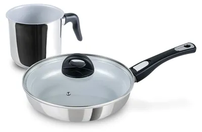 Produktbild von Genius Cerafit Steel Pfannen- und Milchtopf-Set 3-tlg, Edelstahl-Pfanne Induktion mit Deckel & abnehmbarem Griff, Antihaft, alle Herdarten