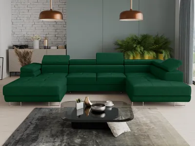 Produktbild von Wohnlandschaft Caris U mit Schlaffunktion und einstellbare Kopfstützen, Ecksofa mit zwei Bettkästen, Couch, Sofa, Bettsofa (Grün (Kronos 19), Ecksofa Links)