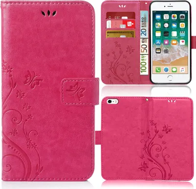 Produktbild von Handy Tasche für Apple iPhone 6 Schutz Hülle Handyhülle mit Blumenmuster Klapp Hülle mit Standfunktion und Kartenfächer Pink