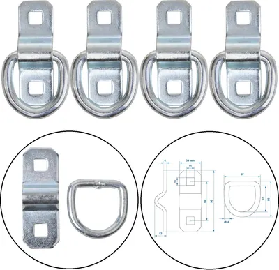 Produktbild von 4 x Zurrbügel Ladungssicherung mit 800kg Zugkraft, 58x60mm D-Ring, Lochabstand 60mm –  für sicheren Transport