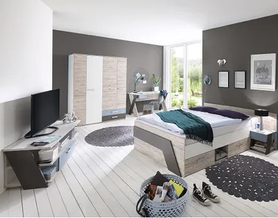 Produktbild von Jugendzimmer Set mit Bett 140x200 cm 5-teilig mit Kleiderschrank LEEDS-10 in Sandeiche Nb. mit weiß, Lava und Denim Blau