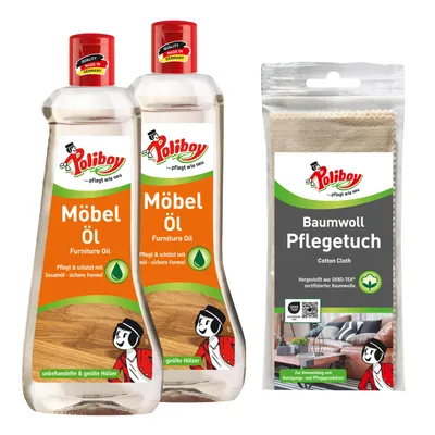 Produktbild von Poliboy Möbel Öl - 2x500ml - Nährendes Holzpflegemittel für Holzmöbel - Farbloses Holzöl - Mit Baumwolltuch - 99A5901