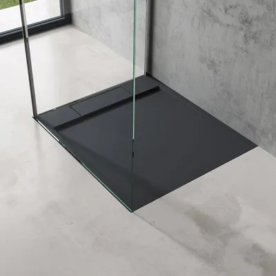 Produktbild von doporro Duschtasse Duschwanne 75x80x4 flach Mineralguss in Anthrazit inkl. Ablaufgarnitur AL06 DIN-Anschlüsse für bodenebene Montage geeignet Geoma04
