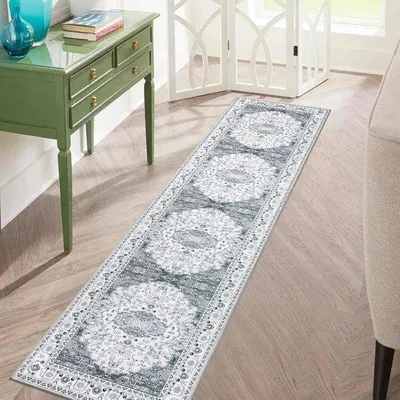 Produktbild von Famanu Teppich 60 x 300 cm - Antirutsch, waschbar, Blumenmedaillon, grau