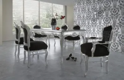 Produktbild von Casa Padrino Barock Esszimmer Set Schwarz/Silber/Silber - Esstisch + 6 Stühle