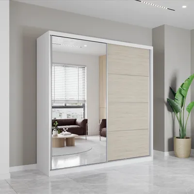 Produktbild von Schwebetürenschrank Kleiderschrank Schrank 203cm Weiß/Sonoma matt mit Spiegel und Zierleisten Pola 42 S