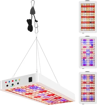 A collage of LED grow lights for indoor plants, showing different light spectrums and a hanging mechanism.