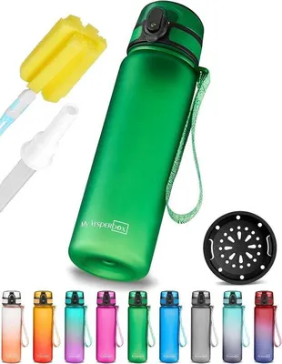 Zdjęcie produktu dla Butelka na wodę dla przedszkolaków, bez BPA, 500 ml, zielona, z tworzywa Tritan, ze słomką.