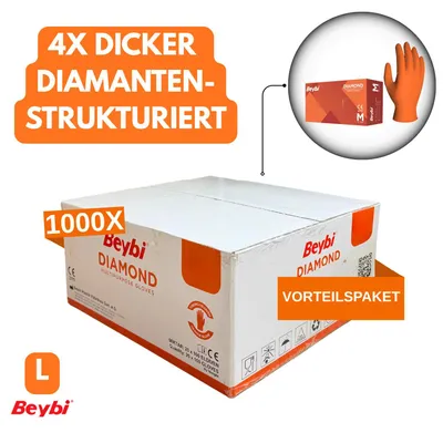 Produktbild von BEYBI® Einweghandschuhe Diamant Grip 1000 STÜCK , Orange , Einmalhandschuhe Extra Stark, Nitrilhandschuhe Gr. L 3x Dicker, Handschuhe Einweg,M,L,XL