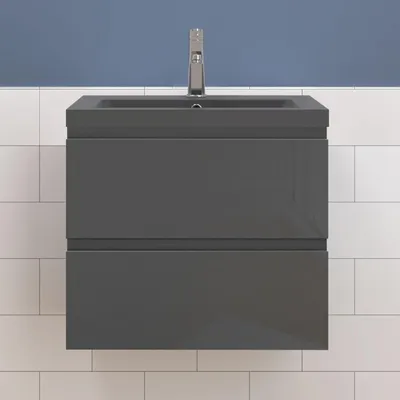 Produktbild von Waschtisch mit Unterschrank 60cm Alast Badmöbel Set Hochglanz Dunklegrau Waschbecken mit Unterschrank MDF Softclose