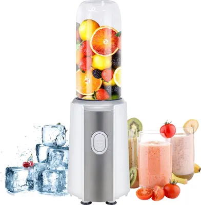 A portable blender with a clear bottle filled with fruits, surrounded by ice cubes and glasses of smoothies.