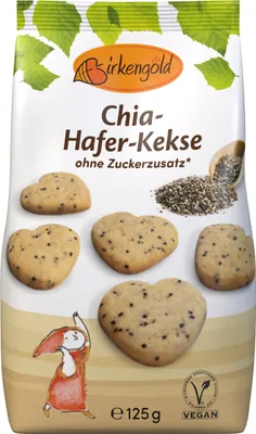 Obrázok produktu pre Birkengold Chia-Hafer-Kekse, sušienka, gluten, 465 kcal, 1940 kJ, 7,2 g, 59 g