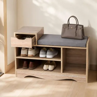 Produktbild von MYMAI Schuhbank mit Sitzfläche, Sitz-bank mit Stauraum, gepolstert, 3 offene Fäche,kann Stiefel aufbewahren, Schuhregal für Wohnzimmer, Flur