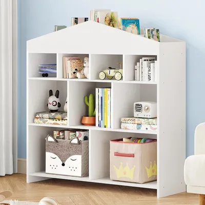 Produktbild von Kinderregal mit 9 Fächern,Burgdesign Spielzeugtruhe,Bücherregal Kinder,Standregal für Spielzeug und Bücher, Weiß