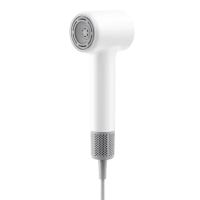 A white and gray hair dryer is shown against a white background.