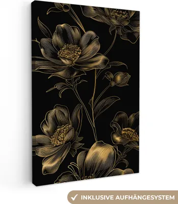 Produktbild von MuchoWow® - Leinwandbilder - Blumen - Schwarz - Gold - Strichzeichnung, Wandbild, Wanddeko Bilder Wohnzimmer, 40x60 cm