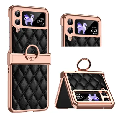 Immagine prodotto di Custodia per Samsung Galaxy Z Flip 3 5G Custodia in pelle galvanizzata con supporto ad anello e protezione della cerniera nero