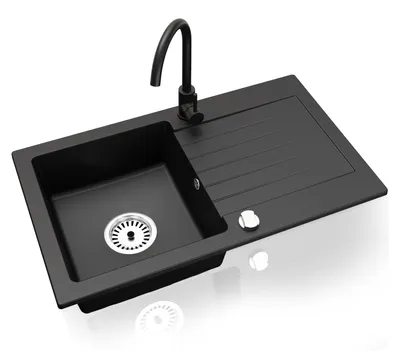Produktbild von Faizee Home Granitspüle 75 x 44 cm Nachtschwarz – inklusive Armatur Genial in Schwarz – eckige Einbauspüle aus Granit – beidseitig montierbar, kratzfest, hitzebeständig – modernes Spülbecken