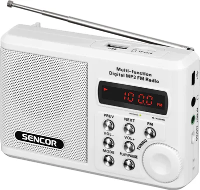 Obrázek produktu pro SENCOR SRD 215 W Kapesní radiopříjmač, FM tuner, konektor pro sluchátka, slot pro micro SD katu (max. 8 GB), USB, bateriové napájení
