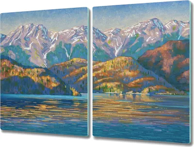 Produktbild von Coloray Kochplattenabdeckung Herdabdeckplatte 2x40x52 cm Hackbrett Schneidebrett Küchenbrett - Malerei See Berge Baum