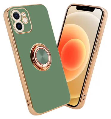 A green iPhone case with a gold ring holder is shown next to an iPhone.