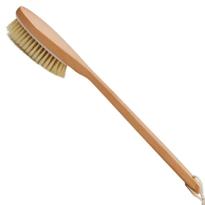 Produktbild von Badebürste mit weichen Naturborsten, rutschfestem Holzgriff, langem Griff, Duschbürste für Nass- oder Trockenpeeling, Rückenmassage und Tiefenreinigung.