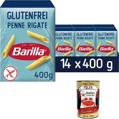 Produktbild von Barilla Pasta Nudeln Glutenfreie Penne Rigate aus köstlichem Mais und Reis – perfekt für Menschen mit Zöliakie oder Glutenunverträglichkeit, (14 x 400 g)+ Italian Gourmet polpa 400g