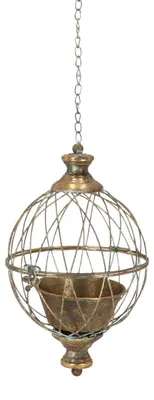 Obrázek produktu pro Závěsná lampa Esschert Design, závěsný květináč, kovový květináč, 19x19x33 cm, dekorativní nádoba na rostliny, zlatá barva, vintage styl