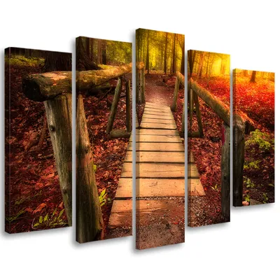 Image de Tableau en toile 5 pièces automne feuilles de forêt pont 100x70 cm Feeby orange tableau mural prêt à accrocher