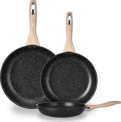 Image de Lot de trois poêles antiadhésives, lot de poêles en acier inoxydable 410 de 30 cm, 26 cm et 20 cm, noir