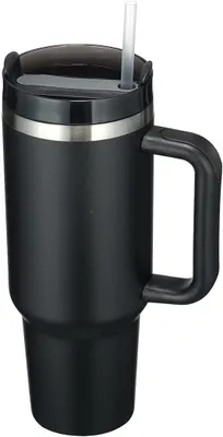 Produktbild von 40 oz Doppelwandiger Edelstahl-Vakuumisolierter Becher 1200 ml |Trinkbecher mit Henkel Strohhalm | Reisebecher für kalte und heiße Getränke (Schwarz)