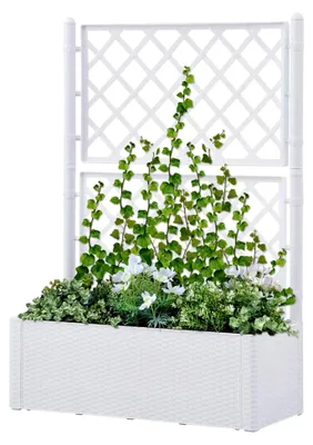 Produktbild von Hochbeet mit Spalier und Selbstbewässerungssystem in Weiß, Palettenrahmen, Hochteich, Gemüsebeet, Kräuterregal für Balkon, Blumenbeet, Kräuterspirale, Tomatenbeet, Pflanzhochbeet