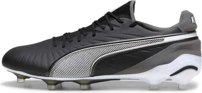A side view of a black and gray Puma soccer cleat against a white background.