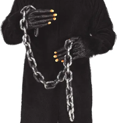 A person wearing a black furry costume and holding a chain.