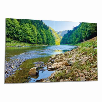 Produktbild von Wallario Herdabdeckplatte aus Glas, Größe 80 x 52 cm 2-teilig, Motiv Fluss in den Bergen an steinigem Ufer