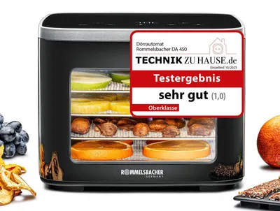 Produktbild von ROMMELSBACHER Dörrautomat DA 450, Dörrfläche 0,2 m², inkl. 5 Edelstahl-Dörrtabletts, 1 Dörrgitter, 1 Dörrunterlage, 2 Müsliformen, LCD-Display, 99 Std