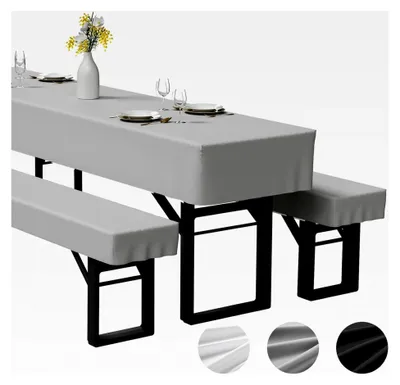Produktbild von 3-teilige Bierzeltgarnitur Auflage, bestehend aus 2 Bierbank Hussen und 1 Biertisch Husse aus Polyester, waschbar und fixierbar, für Bankette im Freien (Grau, 220x50cm)